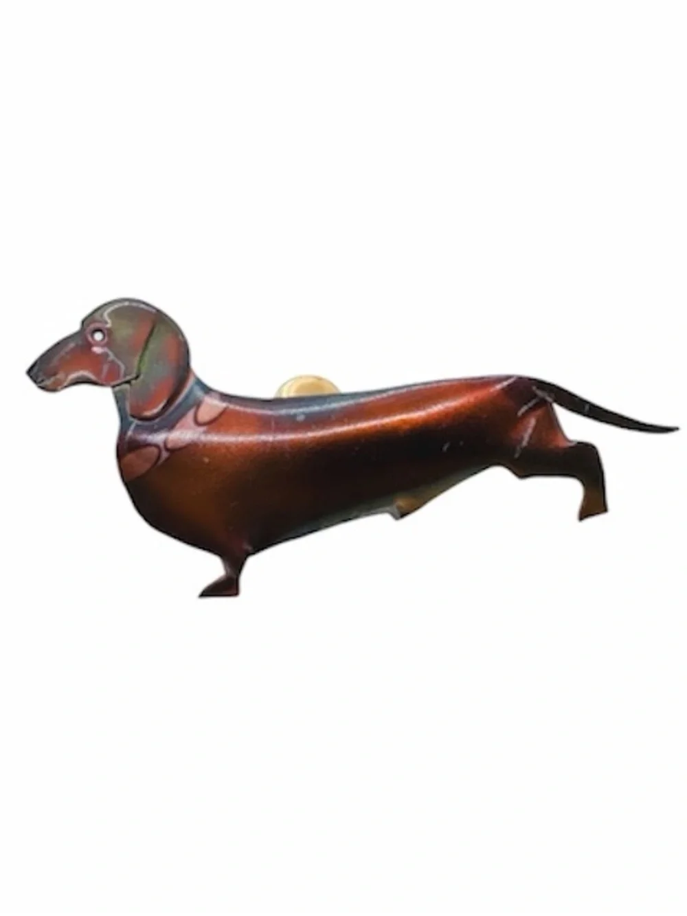 Vintage Mid-Century Brown Metal Hand Painted Dachshund Brooch / Pin
